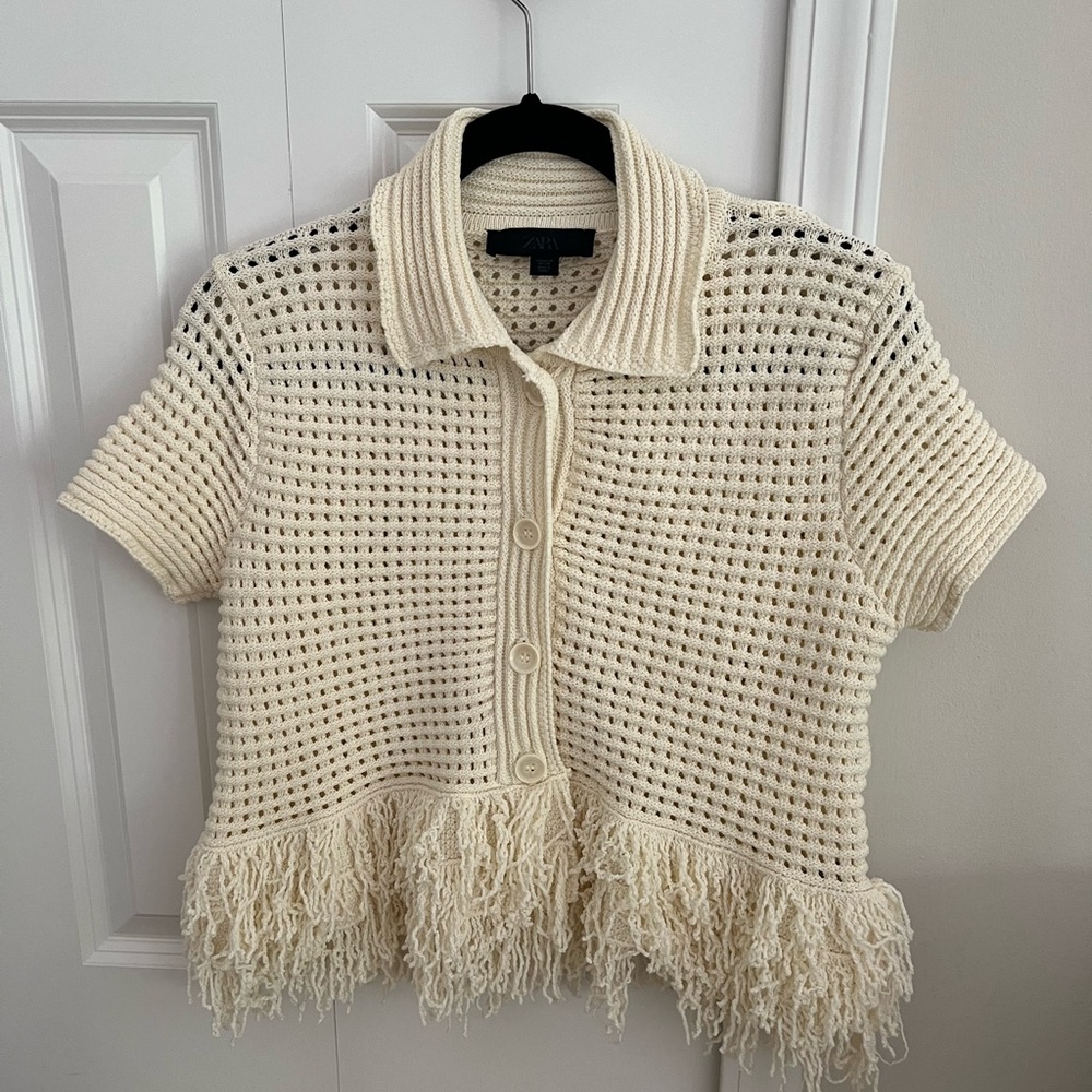 Zara Checkered Knit Jacket with Fringe